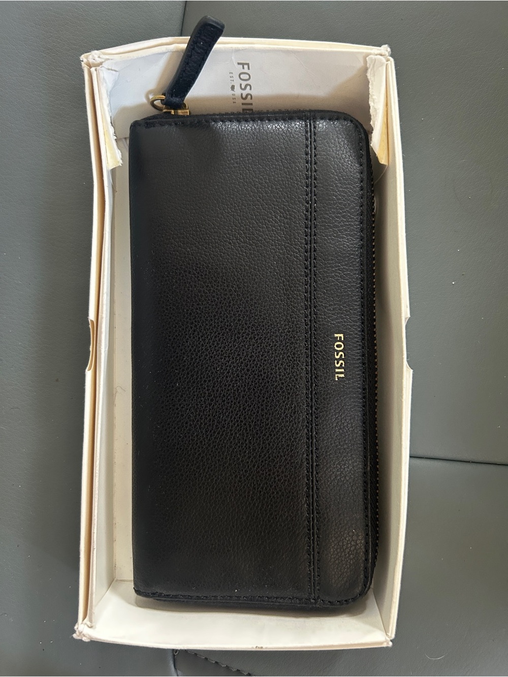 Fossil Black Leather Zip-Around Wallet with Gold Logo